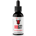 MK-677 liquid suspension bottle by CT Labs, featuring a black design with a dropper top, labeled with "MK677" and "Enhanced Formula," intended for laboratory research use.