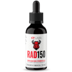 CT Labs RAD150 Liquid Suspension bottle, featuring a black design with a red label, highlighting "RAD150" and "Enhanced Formula," emphasizing high purity for laboratory research use.