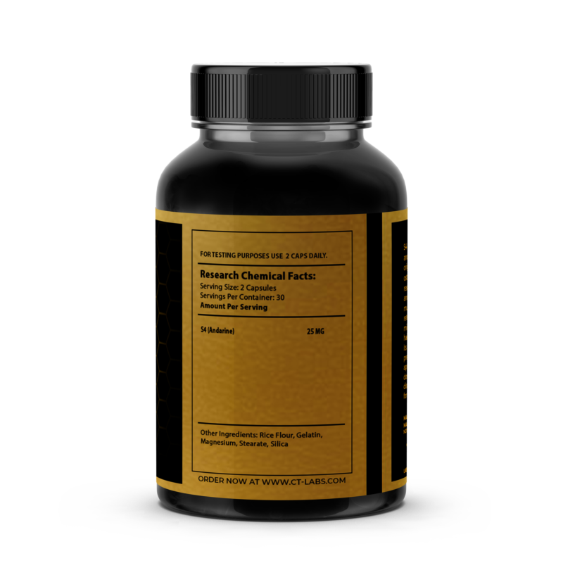 Black bottle of S4 (Andarine) capsules, labeled with research chemical facts, including dosage information and