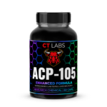Bottle of ACP-105 from CT Labs, featuring a black label with red and white text,