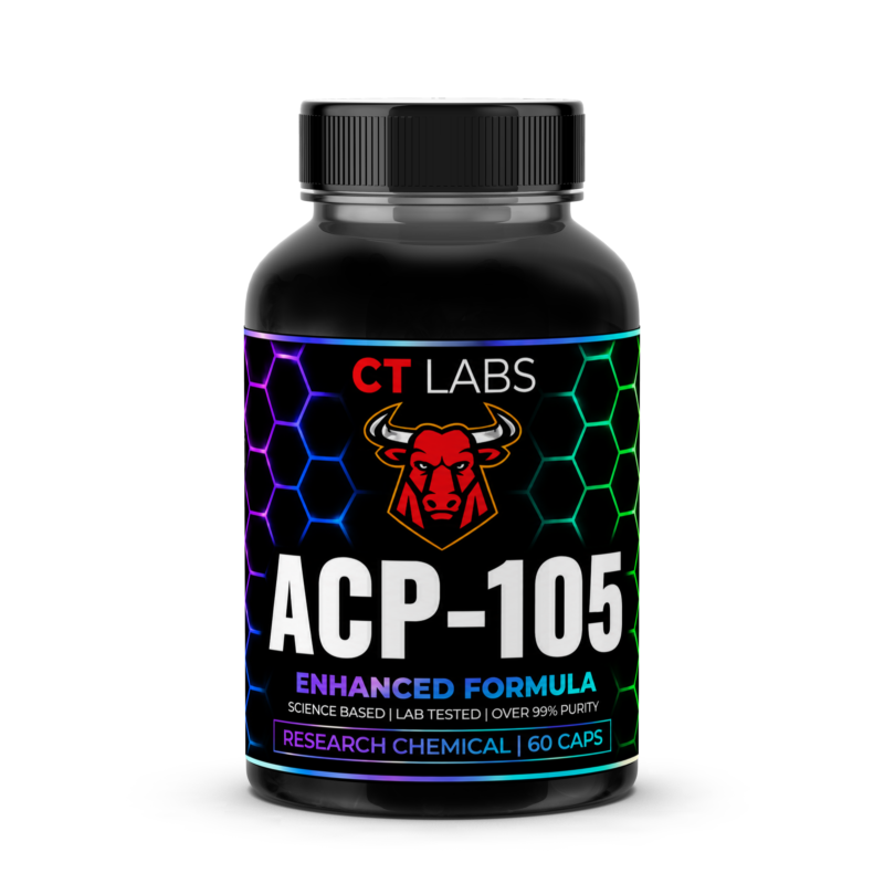 ACP-105 Front - Holo Bottle of ACP-105 from CT Labs, featuring a black design with a bull logo, labeled